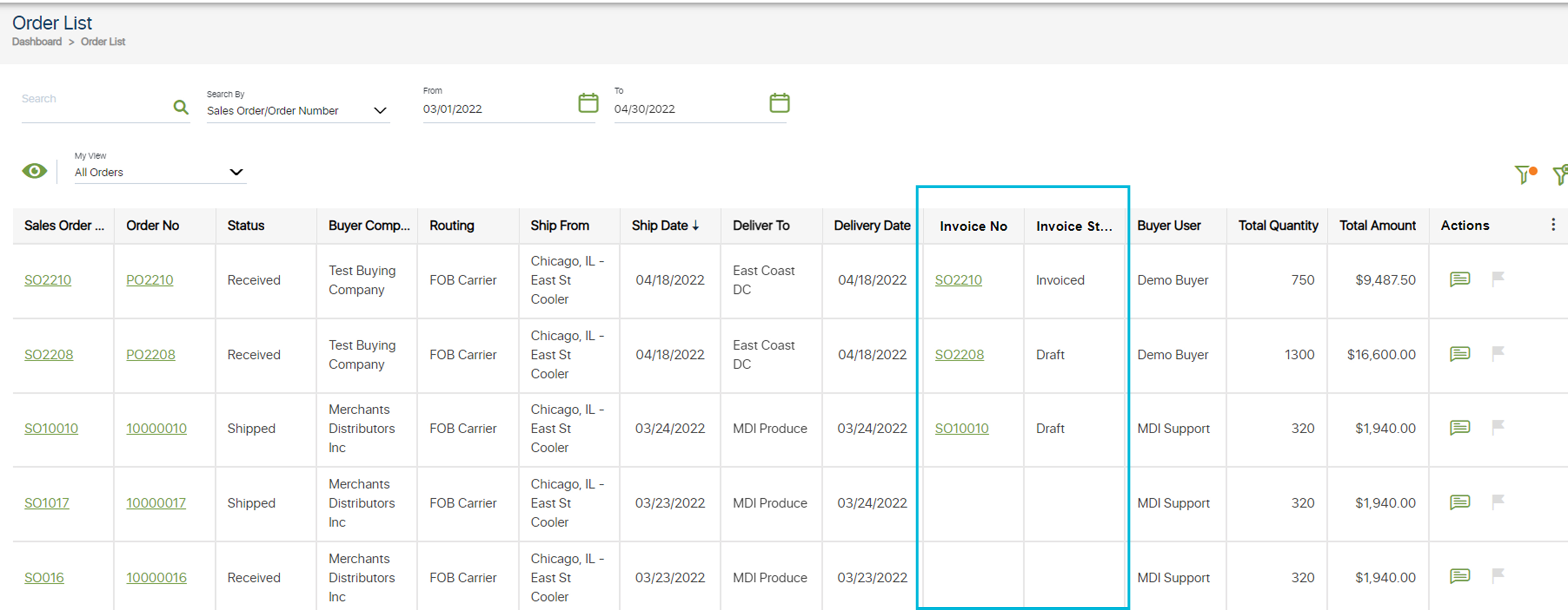 Invoice Number and Invoice Status