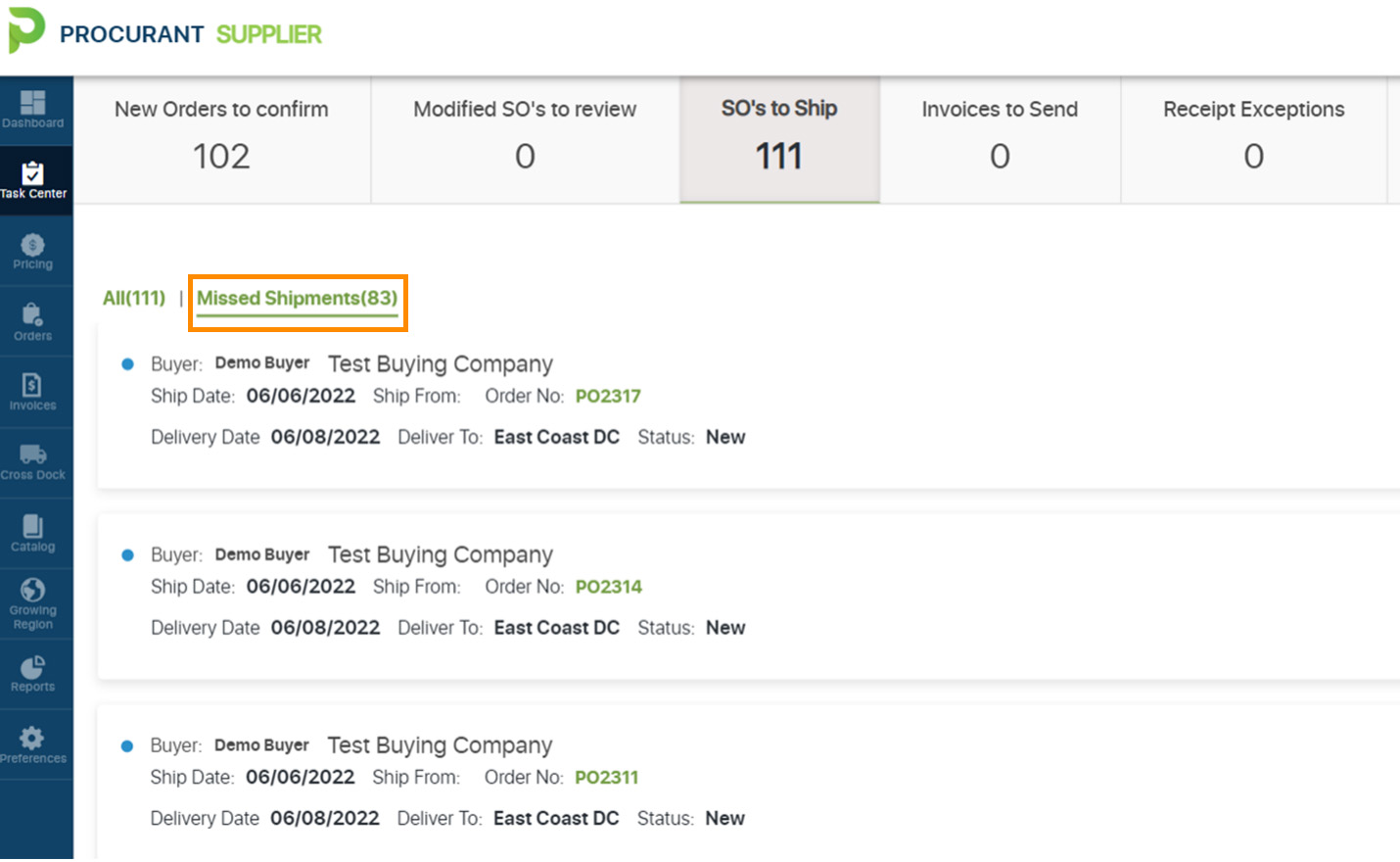 Visibility to Missed Shipments from Task Center